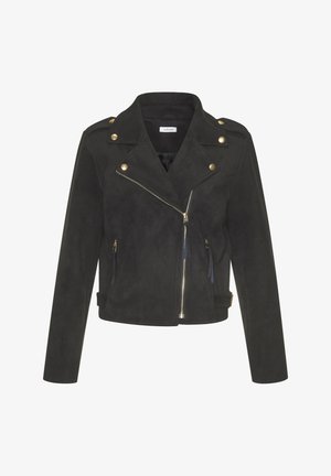 Schwarze Wildleder-Bikerjacke mit goldenen Beschlägen, Reißverschluss vorne und seitlichen Taschen, mit taillierter Silhouette und Reverskragen.