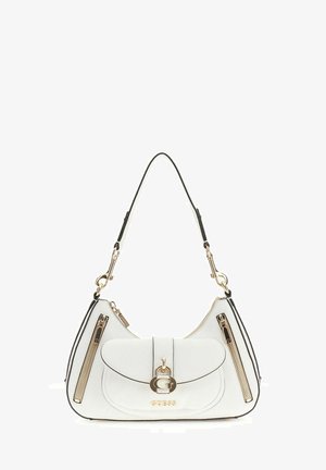 Borsa a tracolla in pelle bianca con cerniere color oro, tasca anteriore con patta caratterizzata da una chiusura "G" dorata e una singola tracolla nera.