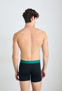 Boxer briefs neri con una cintura verde in cui è presente del testo del logo. Il materiale sembra liscio e la vestibilità è aderente al corpo.