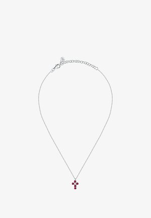 Collana d'argento con un piccolo ciondolo a forma di croce decorato con gemme rosse, catena delicata, chiusura a moschettone e lunghezza regolabile.