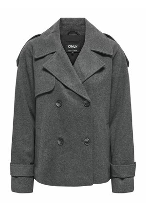 Manteau gris en mélange de laine à double boutonnage avec épaulettes, larges revers et gros boutons. Présente des poignets roulés et un tissu texturé.