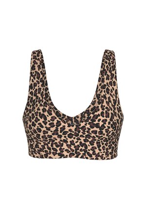 Brassière de sport imprimé léopard avec larges bretelles et profond décolleté arrondi, en tissu lisse et extensible.