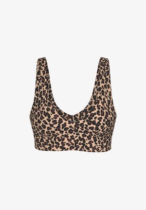 Brassière de sport imprimé léopard avec larges bretelles et profond décolleté arrondi, en tissu lisse et extensible.