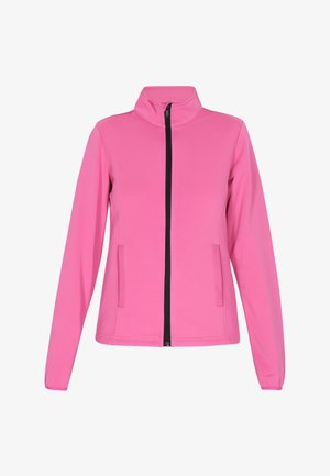 Rosa Zip-Jacke aus glattem Material, mit hohem Kragen, langen Ärmeln und zwei vorderen Taschen mit schwarzem Reißverschluss.