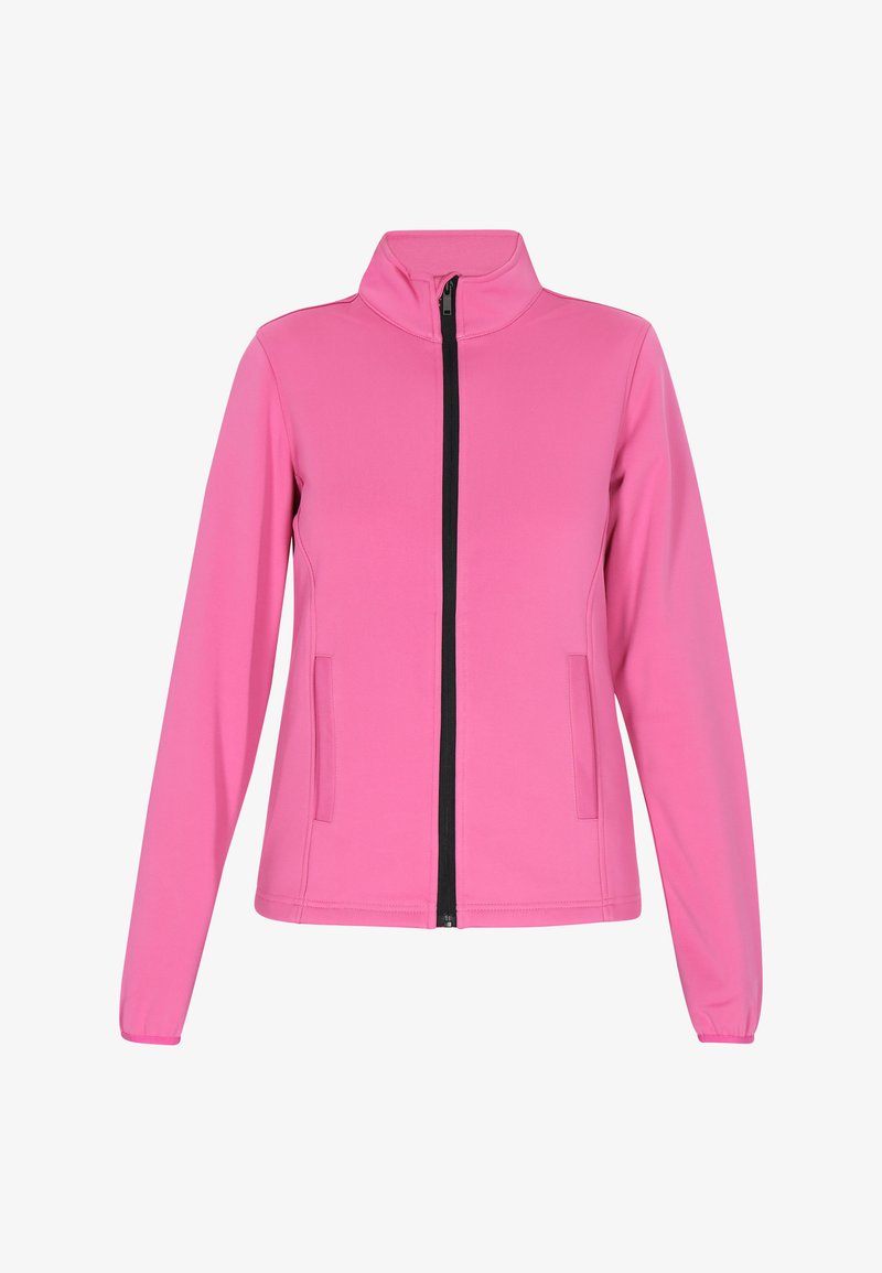 Giacca rosa con zip realizzata in tessuto morbido, dotata di un colletto alto, maniche lunghe e due tasche frontali con chiusura a zip nera.