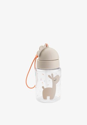 Gennemsigtig plastik vandflaske med beige låg formet som en sky, orange strop og tegneserie-llama-illustration på flaskehalsen.