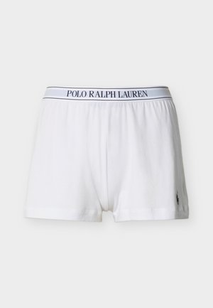 Boxers pour hommes blancs avec une ceinture élastique marquée Polo Ralph Lauren et un petit logo brodé près de l'ourlet sur fond uni.