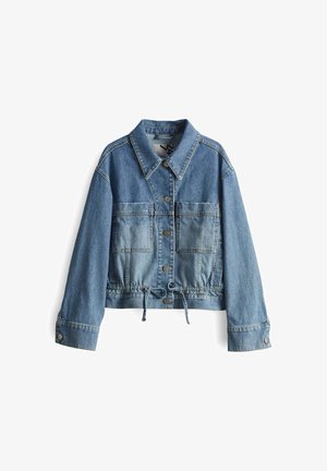 Light blue denim jacket with a button-up front, two large chest pockets, and an adjustable drawstring waist. Features a classic collar and long sleeves.