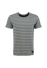 Camiseta de algodón de manga corta, base gris claro con rayas horizontales en azul marino, escote redondo y pequeña etiqueta de la marca en el dobladillo inferior.