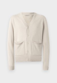 Svetlá béžová pletená cardigan s V-výstrihom, zapínaním na gombíky, rebrovanými okrajmi a dvoma prednými vreckami. Mäkká textúra a voľný strih.