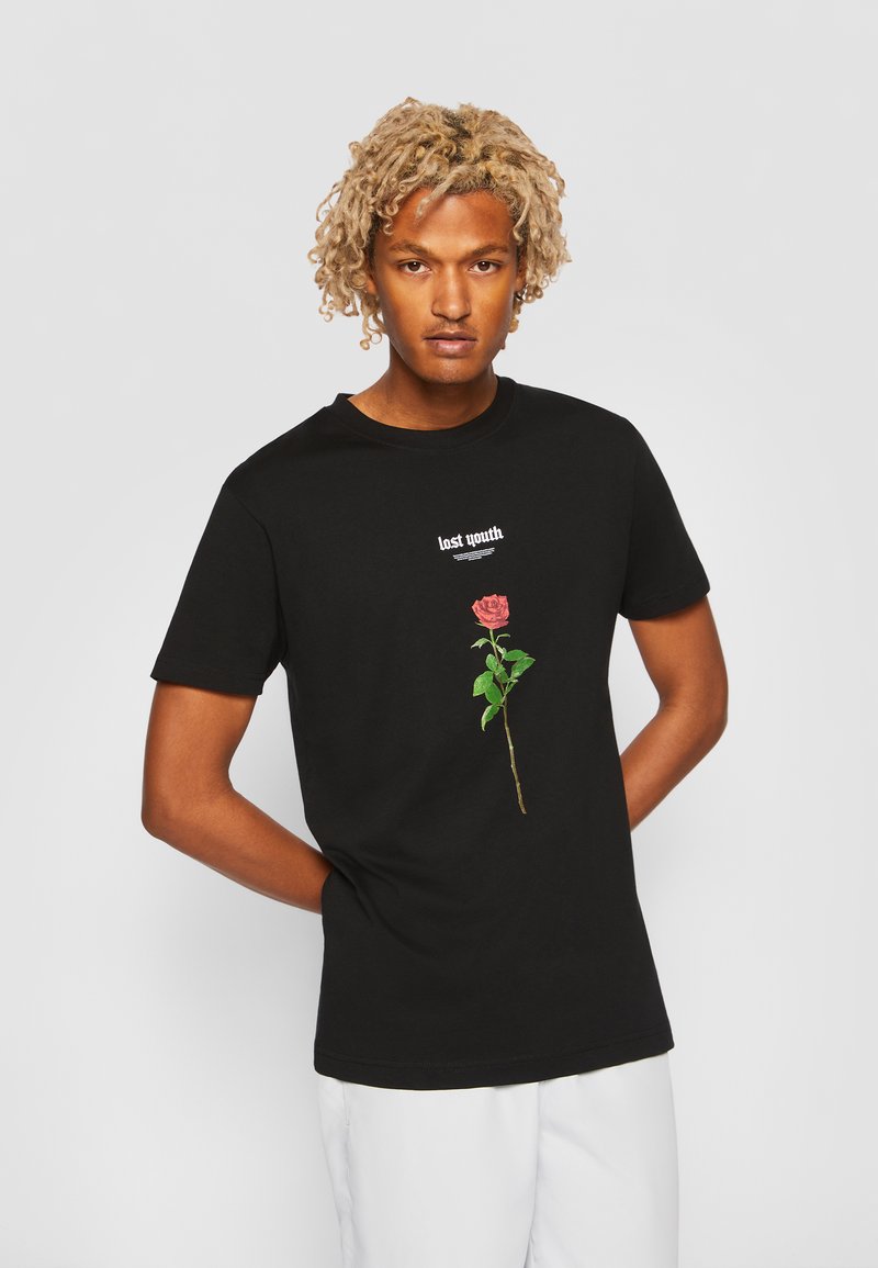 Black cotton t-shirt featuring a pink rose graphic with green leaves and white text "lost youth" above it. Short sleeves and crew neck design.