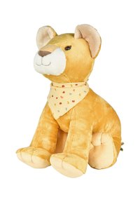 Stuffed lion with light brown fur, soft texture, and a cream-colored face. It wears a patterned yellow bandana around its neck.