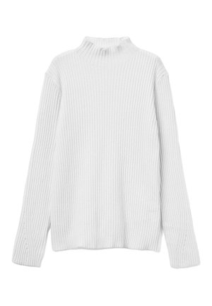 Maglione a collo alto bianco a coste, con maniche lunghe e una vestibilità comoda. Presenta un punto garzato testurizzato e una delicata rifinitura laterale vicino ai polsini.