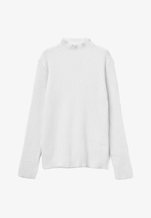 Žebrovaný, bílý rolák s dlouhými rukávy a volným střihem. Obsahuje strukturovanou pleteninu a jemné detaily po stranách blízko manžet.