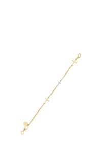 Goudkleurige kettingarmband met drie kruisen, twee in goud en één in zilver, voorzien van een karabijnsluiting voor veilige bevestiging.