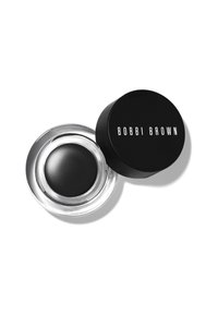 Czarny kremowy eyeliner w przezroczystym szklanym słoiczku z czarną pokrywką, na której znajduje się biała napis "BOBBI BROWN". Gładka tekstura, okrągły kształt, elegancki design.