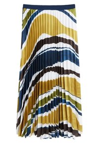 Falda midi plisada con rayas onduladas en amarillo mostaza, marrón oscuro, azul y verde. Cintura elástica, tejido ligero y textura suave.