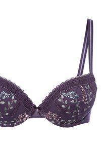 Vijolični modrček z žico, okrašen s cvetličnim vezenjem, z valovitimi robovi in nastavljivimi dvojimi naramnicami.