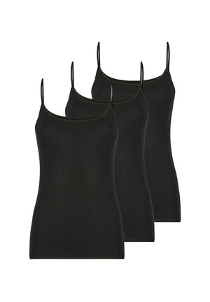Three black camisoles with thin straps, featuring a fitted design and smooth texture. Each has a scoop neckline and seamless appearance.