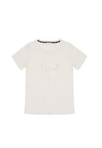 T-shirt bianco a maniche corte con collo rotondo e design del logo Metallic che riporta la scritta "Liu Jo Milano" al centro davanti.