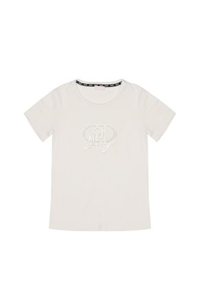 T-shirt bianco a maniche corte con collo rotondo e design del logo Metallic che riporta la scritta "Liu Jo Milano" al centro davanti.