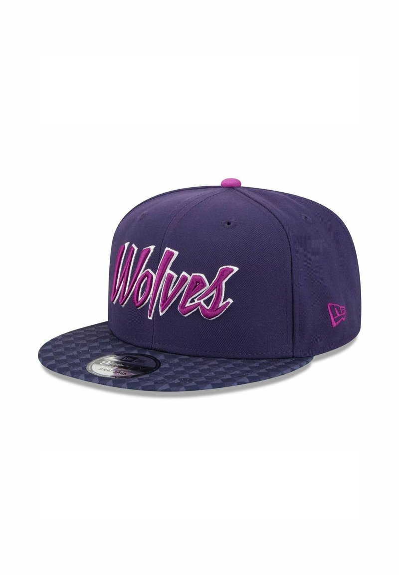 Purple cap with embroidered "Wolves" in pink. Flat checkerboard brim in navy and purple. Features a button on top and side logo.