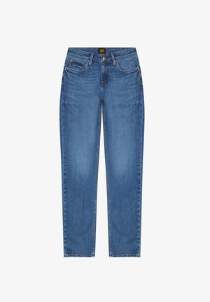 Jeans in denim a gamba dritta in lavaggio blu medio, con design a cinque tasche, leggera scoloritura e dettagli di cucitura sottili. Chiusura con bottone in ottone.