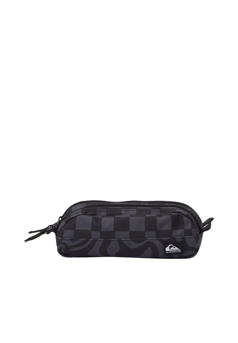 Čierny puzdro na pero s kostkovaným a vírivým vzorom, na zips, z textilného materiálu a s logom na boku.