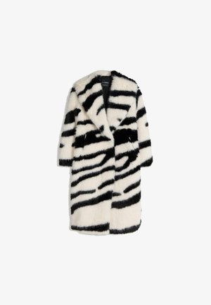 Kabát z umelého kožuchu so vzorom zebry, mäkkou textúrou, pre veľkú veľkosť, s veľkým golierom, dvoma prednými panelmi a rukávmi strednej dĺžky v čierno-bielych farbách.