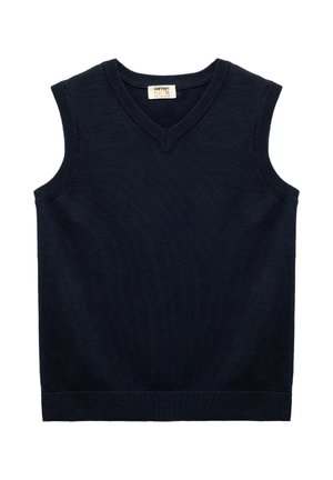 Gilet sans manches en tricot bleu marine avec col en V et bordures côtelées, étiqueté pour les enfants, posé à plat sur un fond blanc.