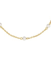 Gouden ketting met ronde witte parels, die afwisselend in een patroon met kettingschakels zijn ingevoegd en zo een verfijnd en textuurvol ontwerp creëren.