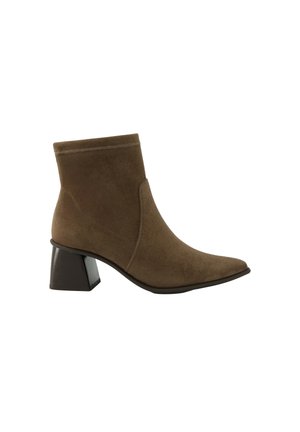 Brown suede ankle boot with a pointed toe and a chunky, angled block heel against a white background.