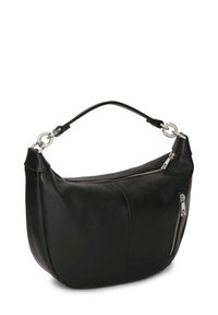 Borsa a tracolla in pelle nera con finitura testurizzata, forma curva e manico corto. Presenta due tasche con zip sul davanti. Accenti in metallo argentato.