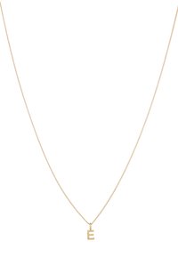 Collana d'oro con una catena fine e un ciondolo a forma di "e" minuscola. Il ciondolo presenta bordi lisci e un design minimalista, che ne sottolinea la semplicità.