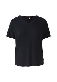 Czarny prążkowany t-shirt z krótkimi rękawami i dekoltem w serek. Wykonany z miękkiego materiału, z delikatną fakturą i luźnym krojem.