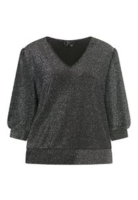 Schwarzes glitzerndes Oberteil mit V-Ausschnitt, dreiviertel Puffärmeln und einem breiten Taillenbund. Strukturierter Stoff fängt das Licht ein und erzeugt Glanz.