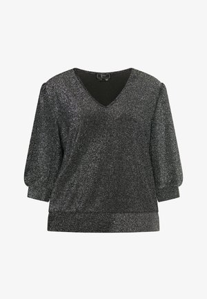 Zwarte glinsterende top met een V-hals, driekwart pofmouwen en een brede tailleband. De gestructureerde stof vangt het licht en creëert een sprankeling.