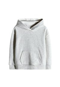 Sudadera gris claro con un bolsillo tipo canguro en la parte frontal, puños y dobladillo acanalados. Textura suave y un diseño casual y cómodo. Mezcla de tejidos suaves.