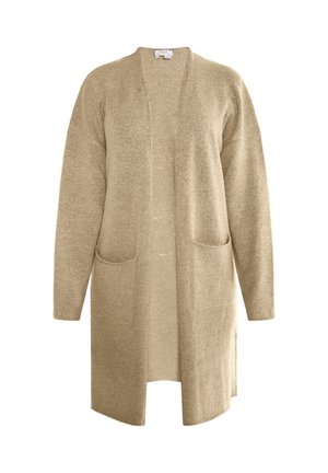 Cardigan beige con un ajuste holgado, mangas largas y dos bolsillos frontales. Tejido suave y texturizado con diseño de frente abierto.