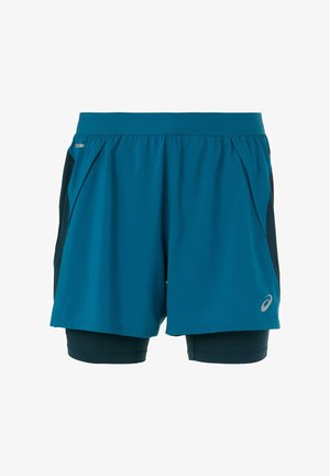 Teal atletiska shorts med svarta sidpaneler, ett lättviktsmaterial och ett inre kompressionslager. Har en reflexlogotyp på fållen.