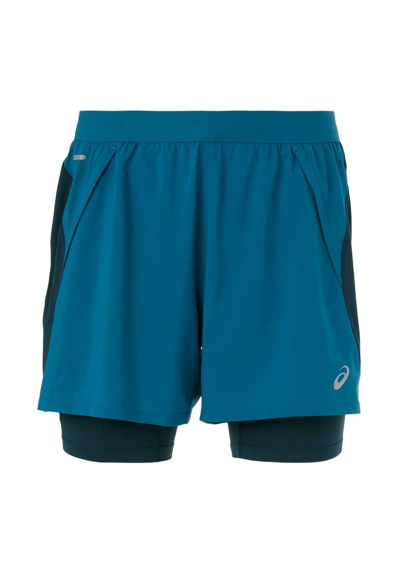 Shorts de sport teal avec des panneaux latéraux noirs, en tissu léger et avec une couche de compression intérieure. Comprend un logo réfléchissant sur l'ourlet.