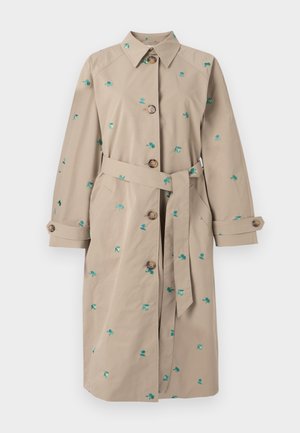 Beige trench coat with green floral embroidery, button closure, belt tie, and rolled cuffs. Lightweight fabric, knee-length design.