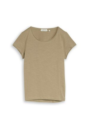 T-shirt beige en coton à manches courtes et col rond, avec un ourlet droit, posé à plat sur un fond blanc.