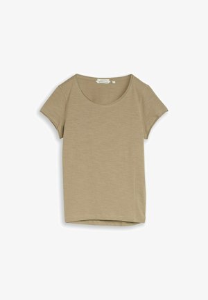 Beige short-sleeve crew neck cotton T-shirt with a straight hem, laid flat on a white background.