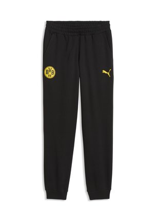 Schwarze Sporthose mit elastischem Bund, gelbes Puma-Logo am rechten Bein und gelbes BVB 09 Borussia Dortmund-Emblem am linken Bein.