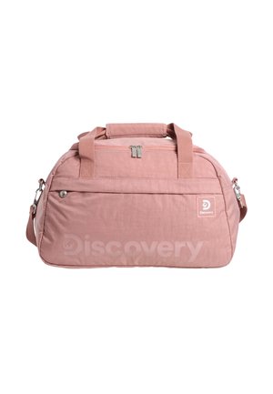Soft pink rectangular duffel bag with dual handles, a detachable shoulder strap, zippered top, and front pocket with Discovery logo.