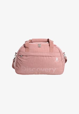 Soft pink rectangular duffel bag with dual handles, a detachable shoulder strap, zippered top, and front pocket with Discovery logo.
