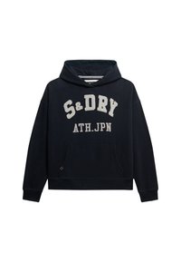 Marineblauwe hoodie met een voorkantzak, voorzien van witte bedrukte tekst "S&DRY ATH.JPN," en ribgebreide manchetten en onderzoom.