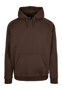Sweat à capuche marron avec poche kangourou à l'avant, capuche réglable avec cordon, poignets et ourlet côtelés, présenté sur fond blanc.