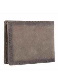 Gray leather wallet with a smooth texture, bi-fold design, contrast stitching, and rounded corners. Compact, minimalist aesthetic.